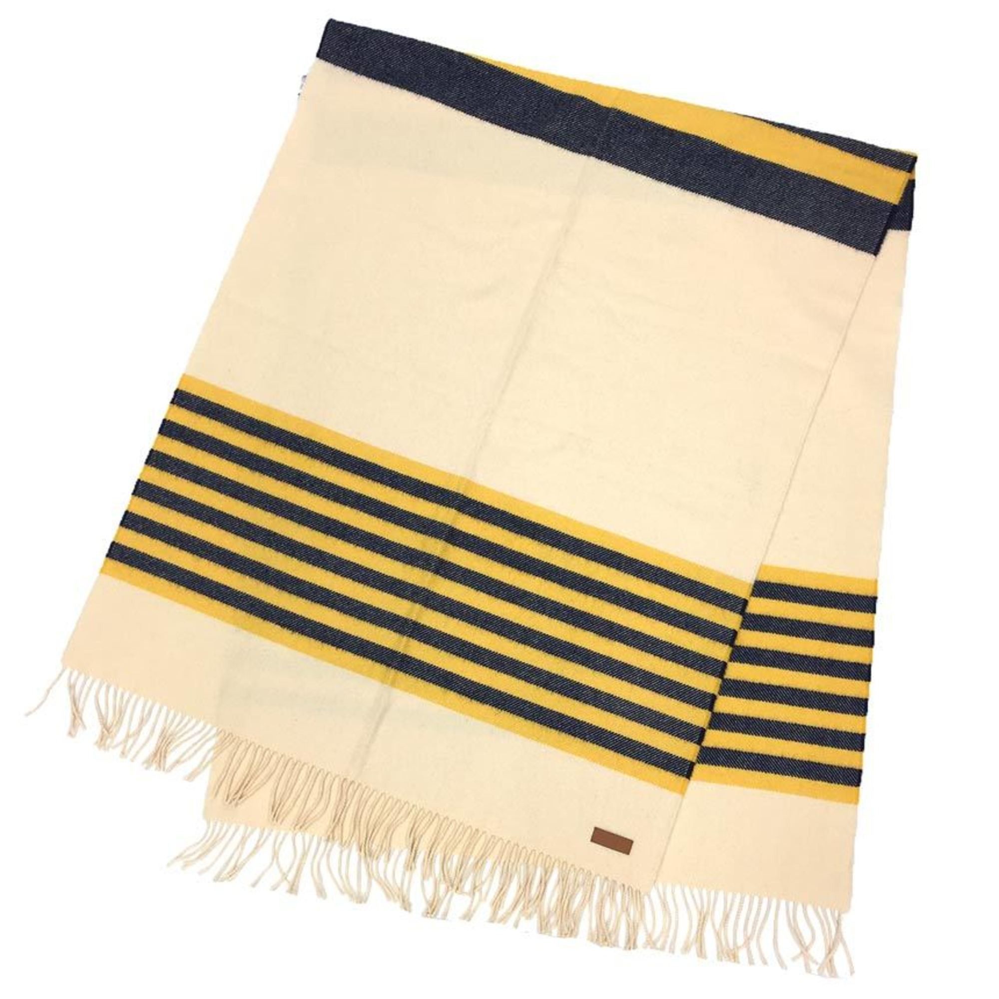 image of Hermes Cashmere Large Stole Shawl Ivory X Navy Yellow Blanket Men's Women's Scarf in White
