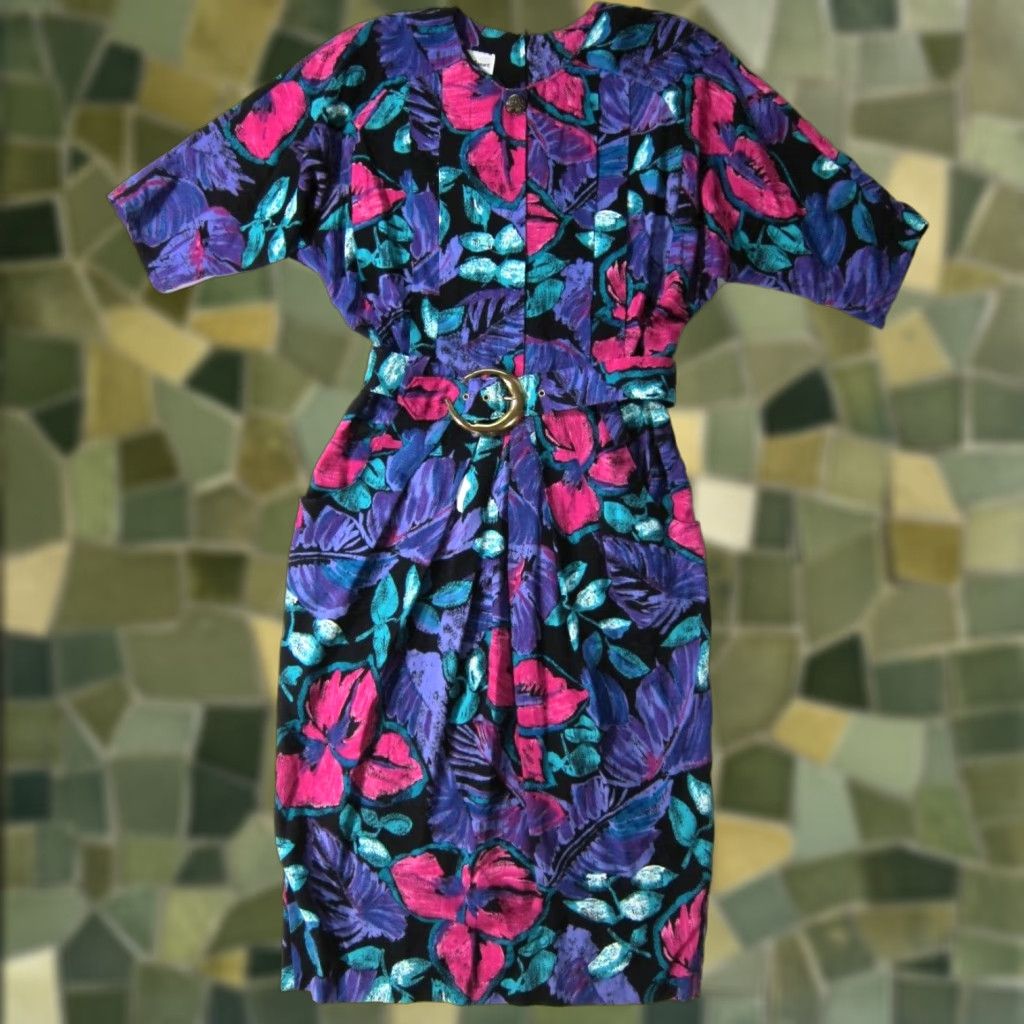 Vintage Willy's Influence 70's Floral Dress L Maxi Sleeveless Pink Green Purple Pocket Belted 100% Floral Retro Women’s Dress L Womens Size L / US 10 / IT 46 - 1 Thumbnail
