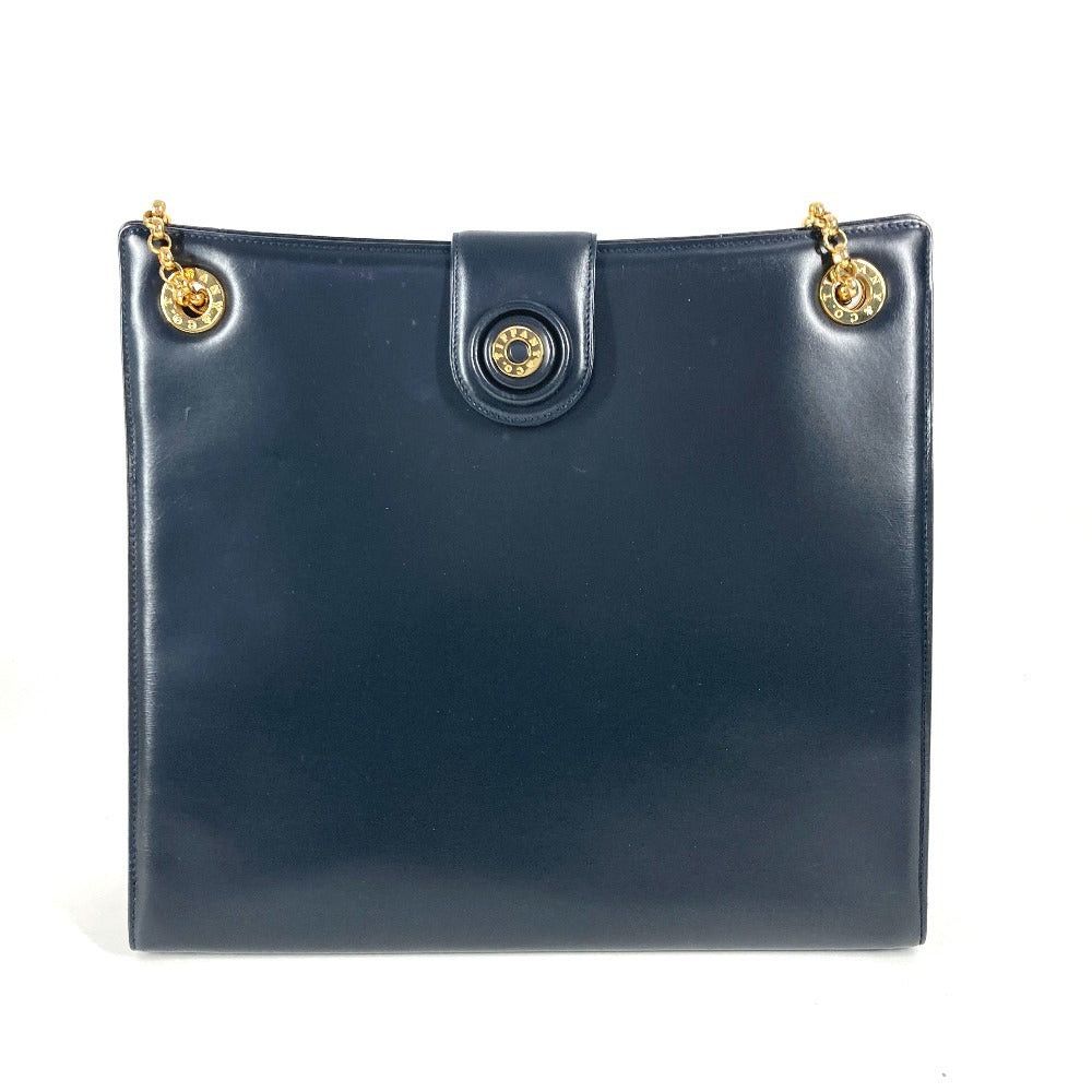 Tiffany Co Round Logo Big Briefcase Double Chain Bag Tote Shoulder Leather Women Navy in Blue