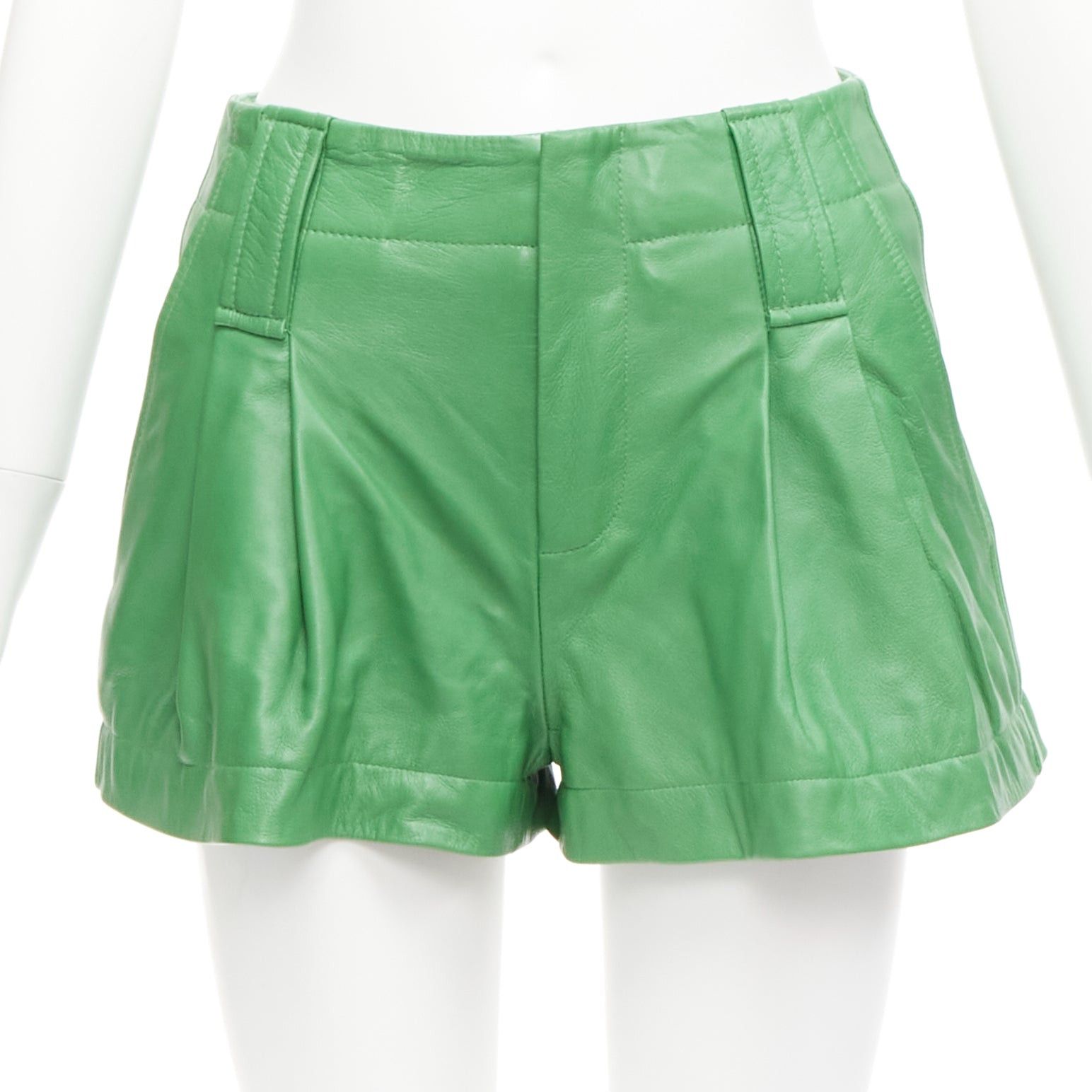 Ganni GANNI green lambskin leather high waist flared shorts FR32 XXS Size 25" / US 0 / IT 36 - 1 Thumbnail