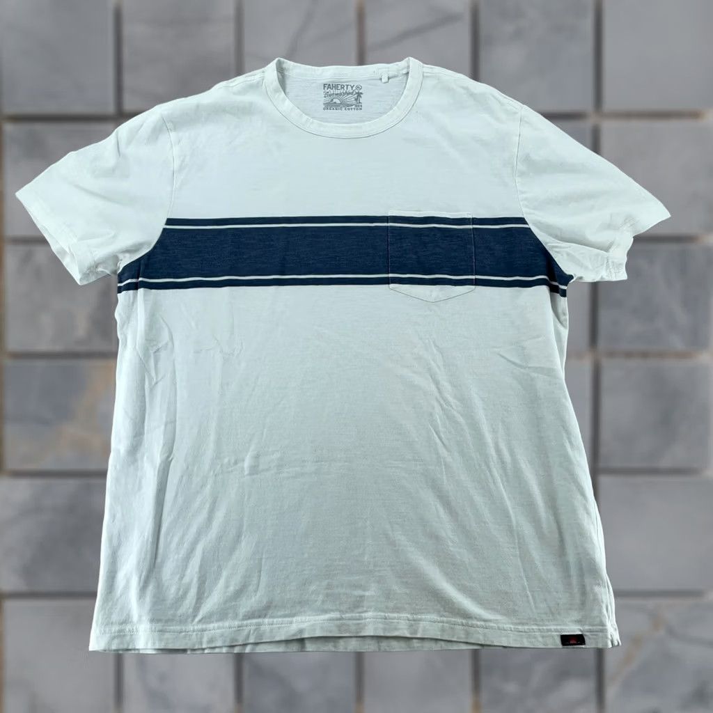 Faherty Faherty Sunwashed Surf Stripe Shirt Mens XL White Blue Chest Pocket Short Sleeve Size US XL / EU 56 / 4 - 1 Thumbnail
