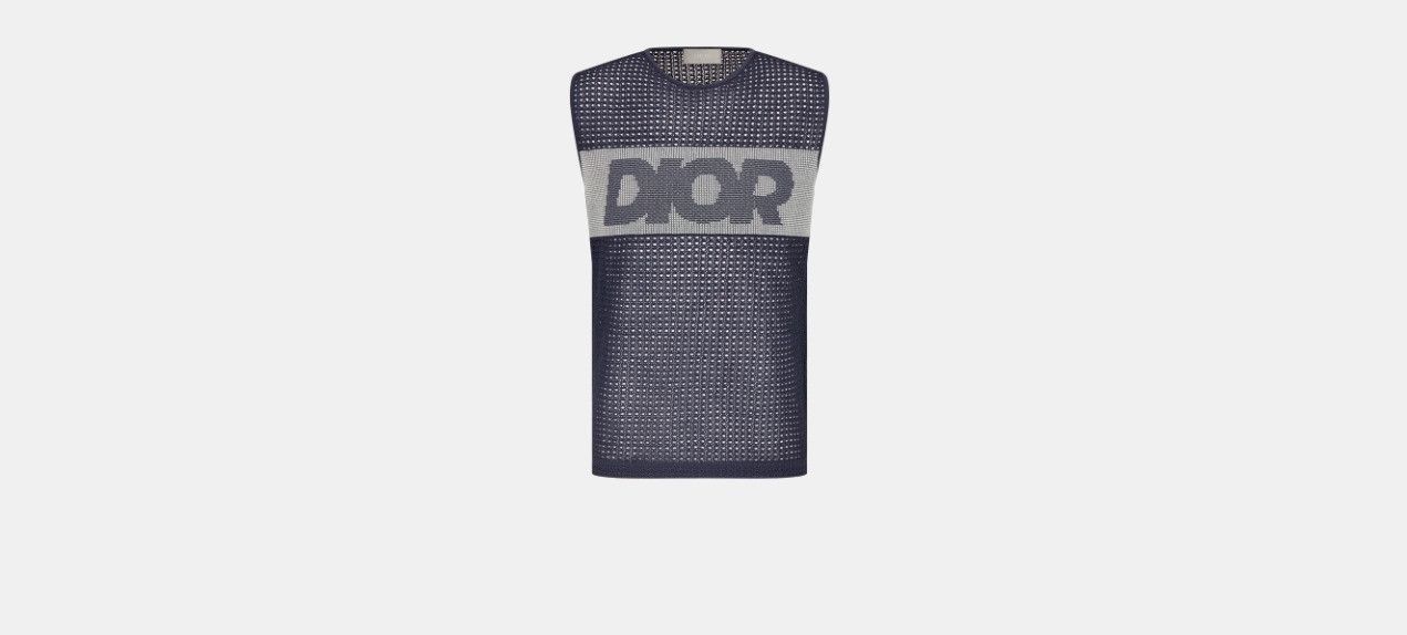 Dior Sleeveless T-Shirt Navy Blue Cotton-Blend Cannage Knit Mesh Size US XS / EU 42 / 0 - 1 Thumbnail