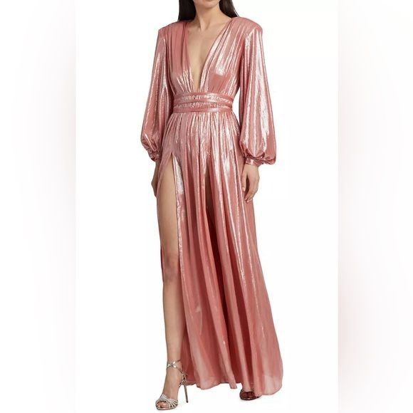 image of Bronx And Banco Zoe Billowy-Sleeve V-Neck Gown in Pink, Women's (Size XS)