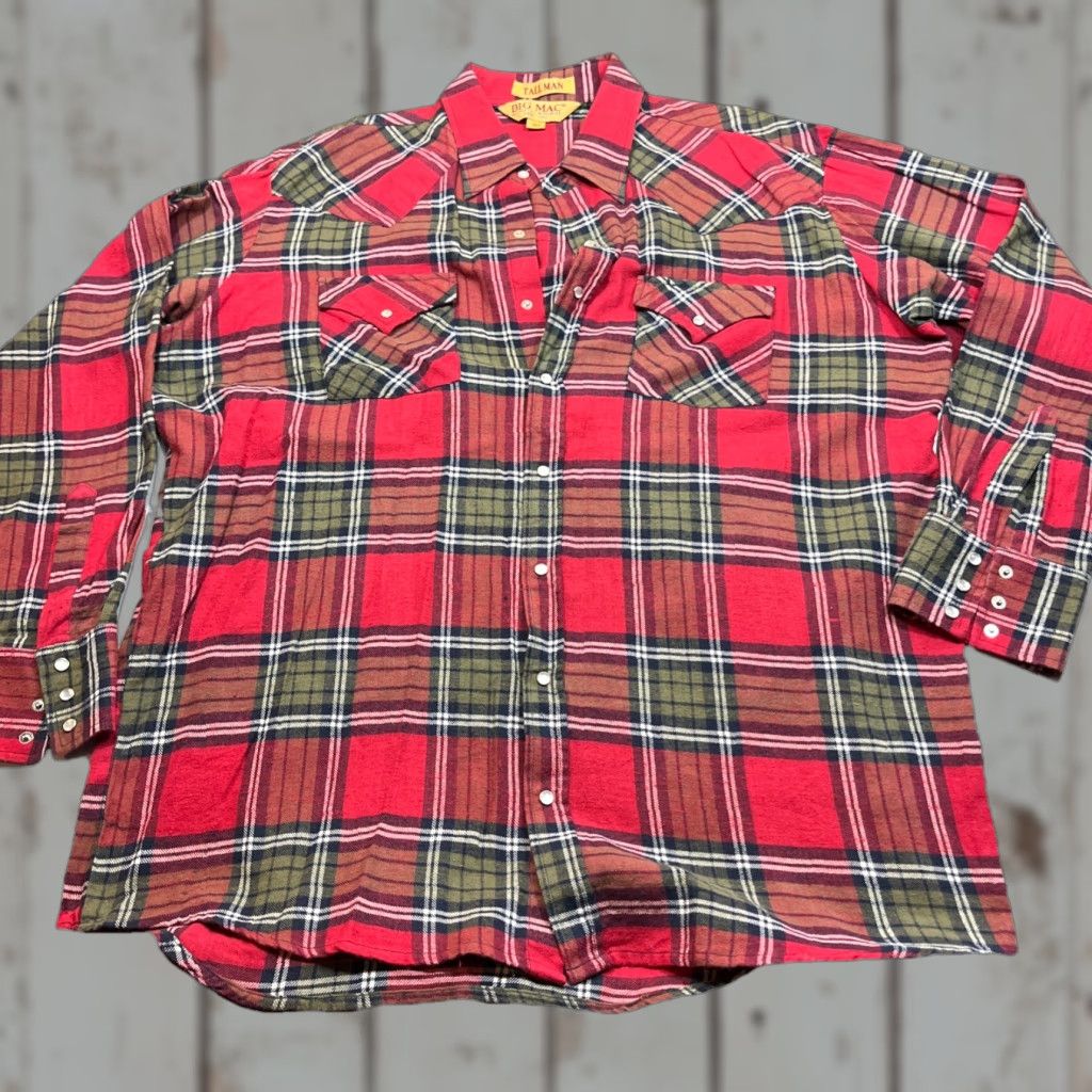 Vintage VINTAGE Tall Man BIG MAC XLT SHIRT Flannel Red Green Plaid Pearl Snaps Flap Pockets Button-Up Size US XL / EU 56 / 4 - 1 Thumbnail