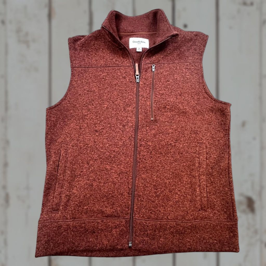 Vintage Goodfellow & Co Vest Mens M Burgundy Heather Fleece Full Zip Windbreaker Polyester Pockets Collared Unlined Solid Red 90s? (adjust) Size US M / EU 48-50 / 2 - 1 Thumbnail