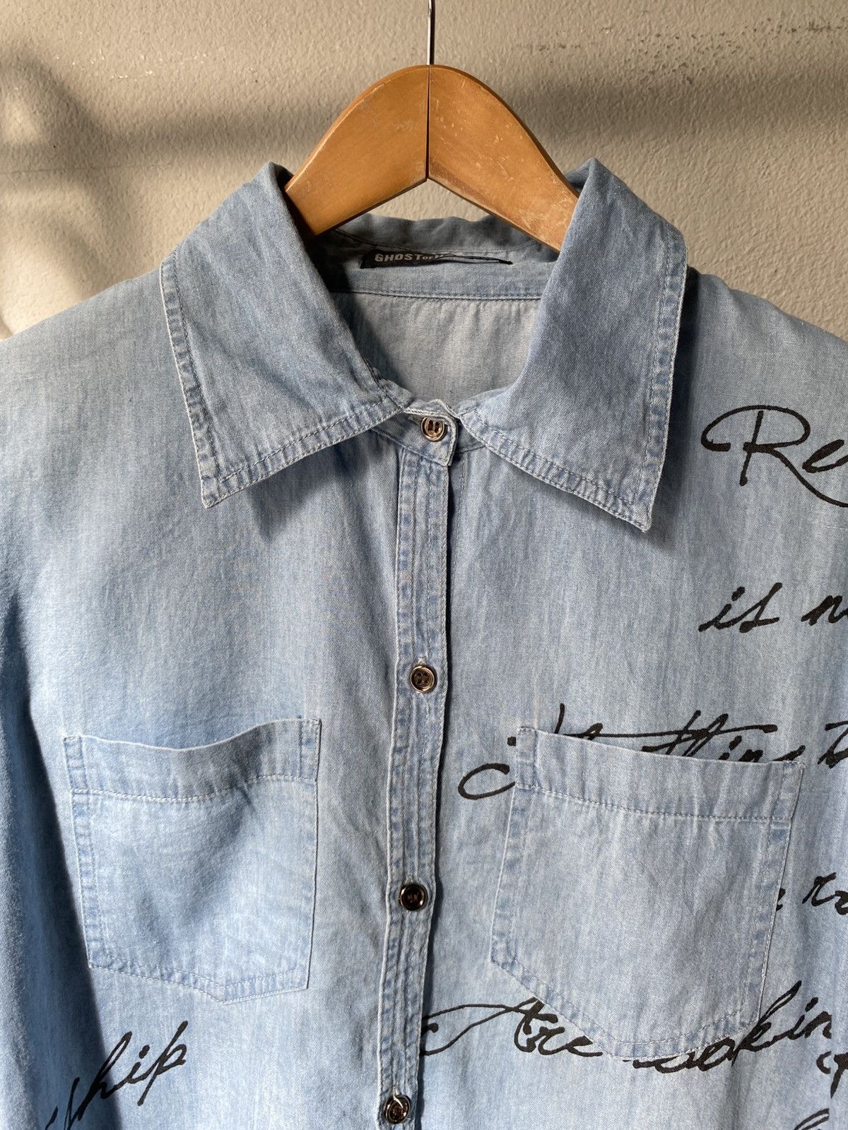 Designer GHOST OF HARLEM Light Blue Script Denim Shirt Size US L / EU 52-54 / 3 - 4 Thumbnail