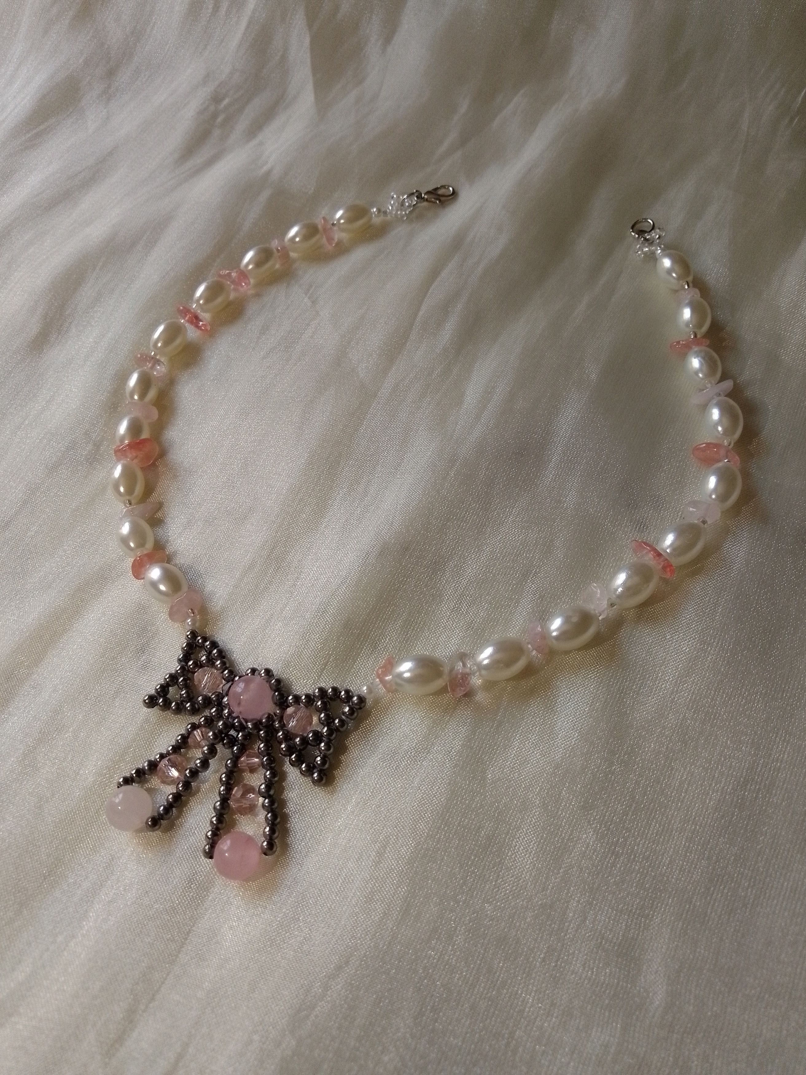 Handmade Bow necklace with natural rose with gemstones& pearls Size ONE SIZE - 6 Thumbnail