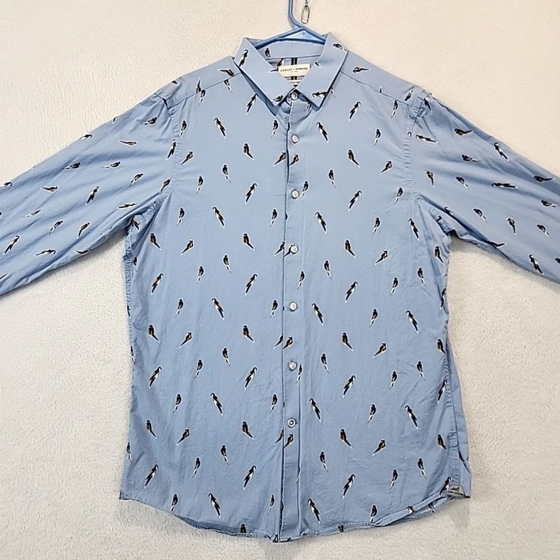 Vintage Crosby & Howard Stretch Light Blue Mens L Button-Down Shirt Bird Parrot Dress LS Slim Cotton Woven Casual Wear Size 42R - 3 Thumbnail