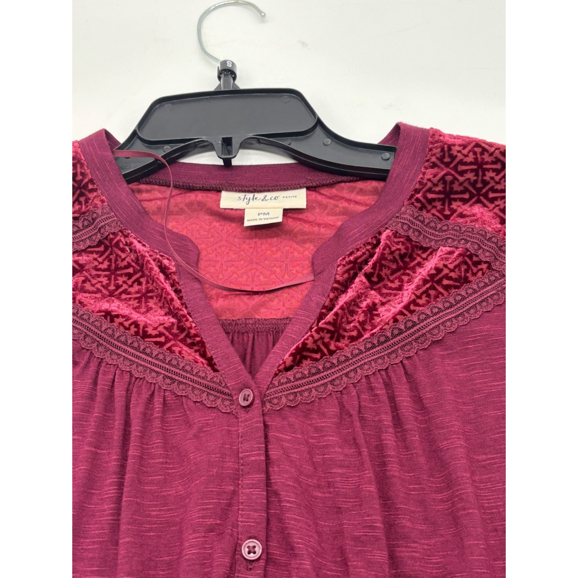 Style & Co Style & Co Petite Velvet-Trim Blouse, Scarlet Wine, Sz. PM Size ONE SIZE - 6 Thumbnail
