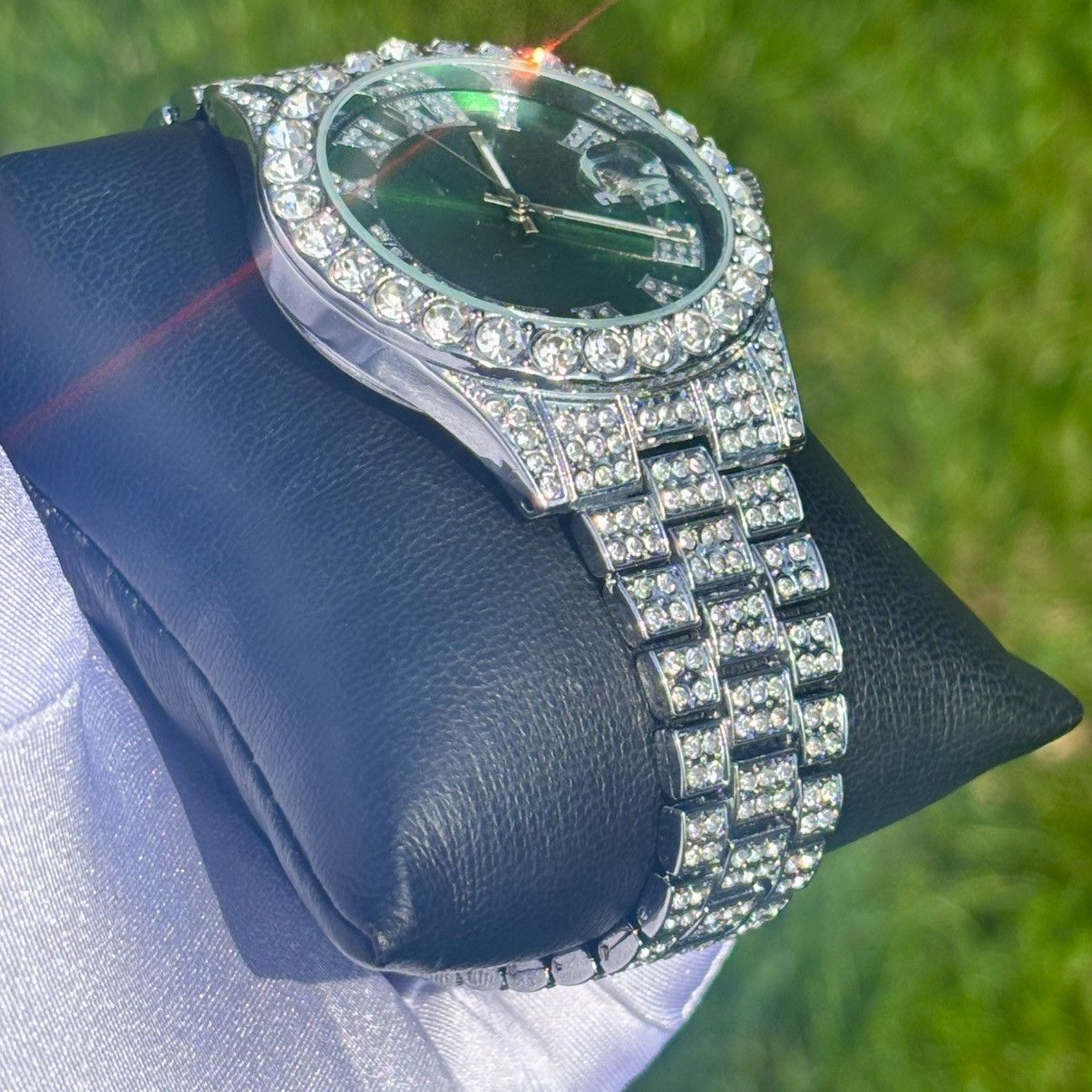 Other Iced Out Watch Presidential Style Green Face Size ONE SIZE - 3 Thumbnail