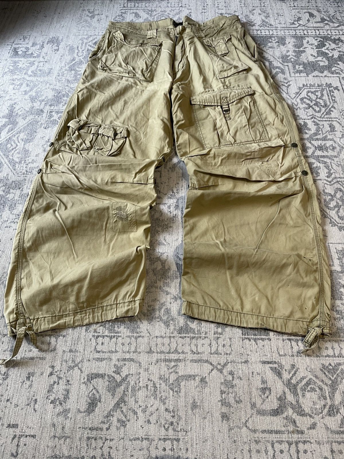 Pre-owned Avant Garde Multipocket Cargo Wide Baggy Parachute Washed Vintage Pants In Brown