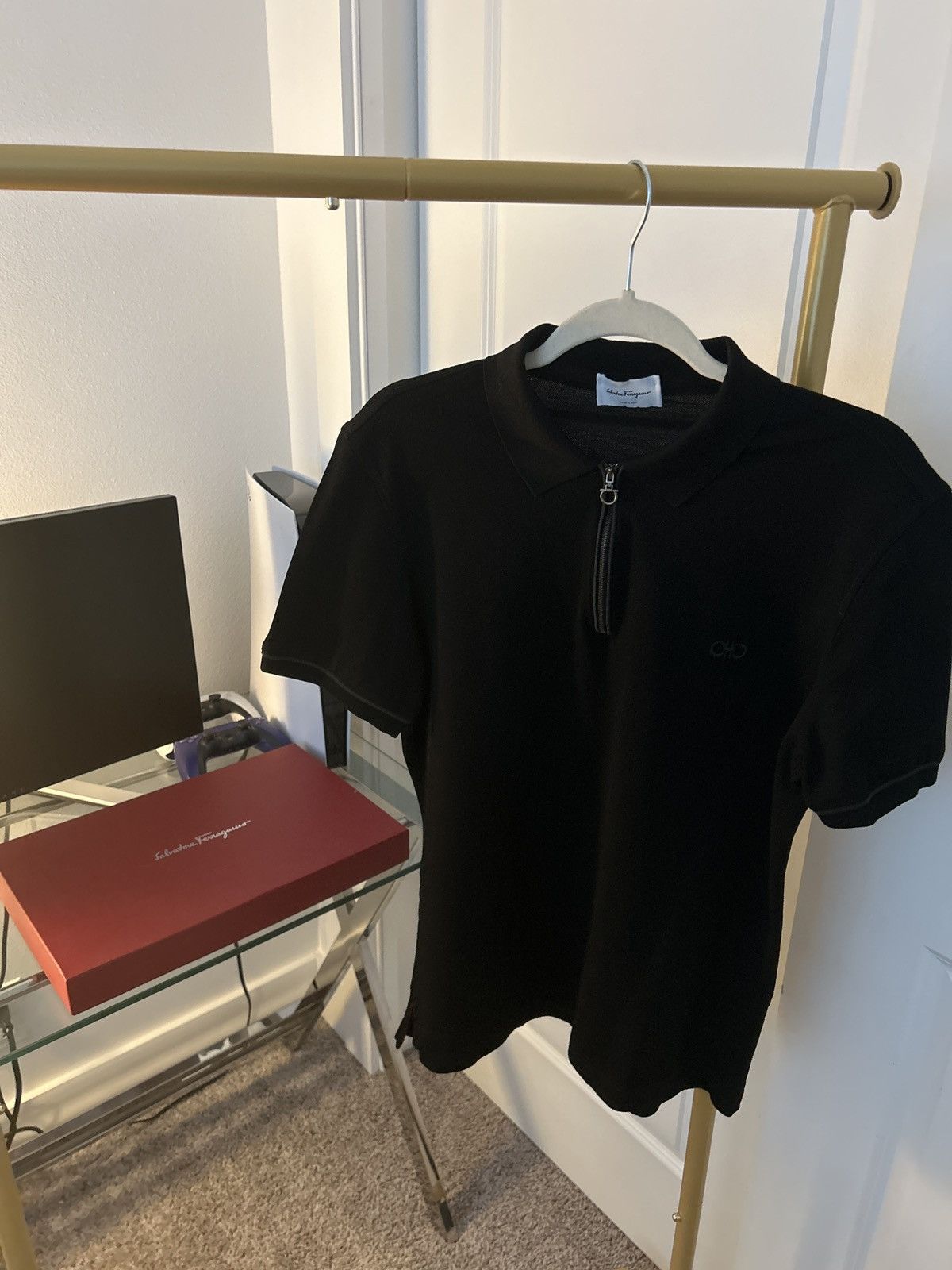 image of Salvatore Ferragamo Zip Polo in Black, Men's (Size Medium)