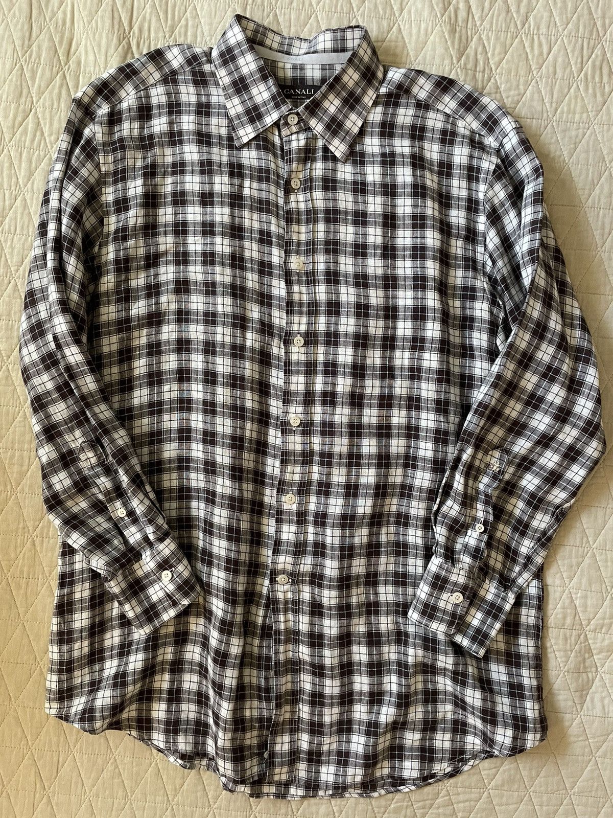 Canali Check Print Linen Shirt Size US XL / EU 56 / 4 - 2 Thumbnail