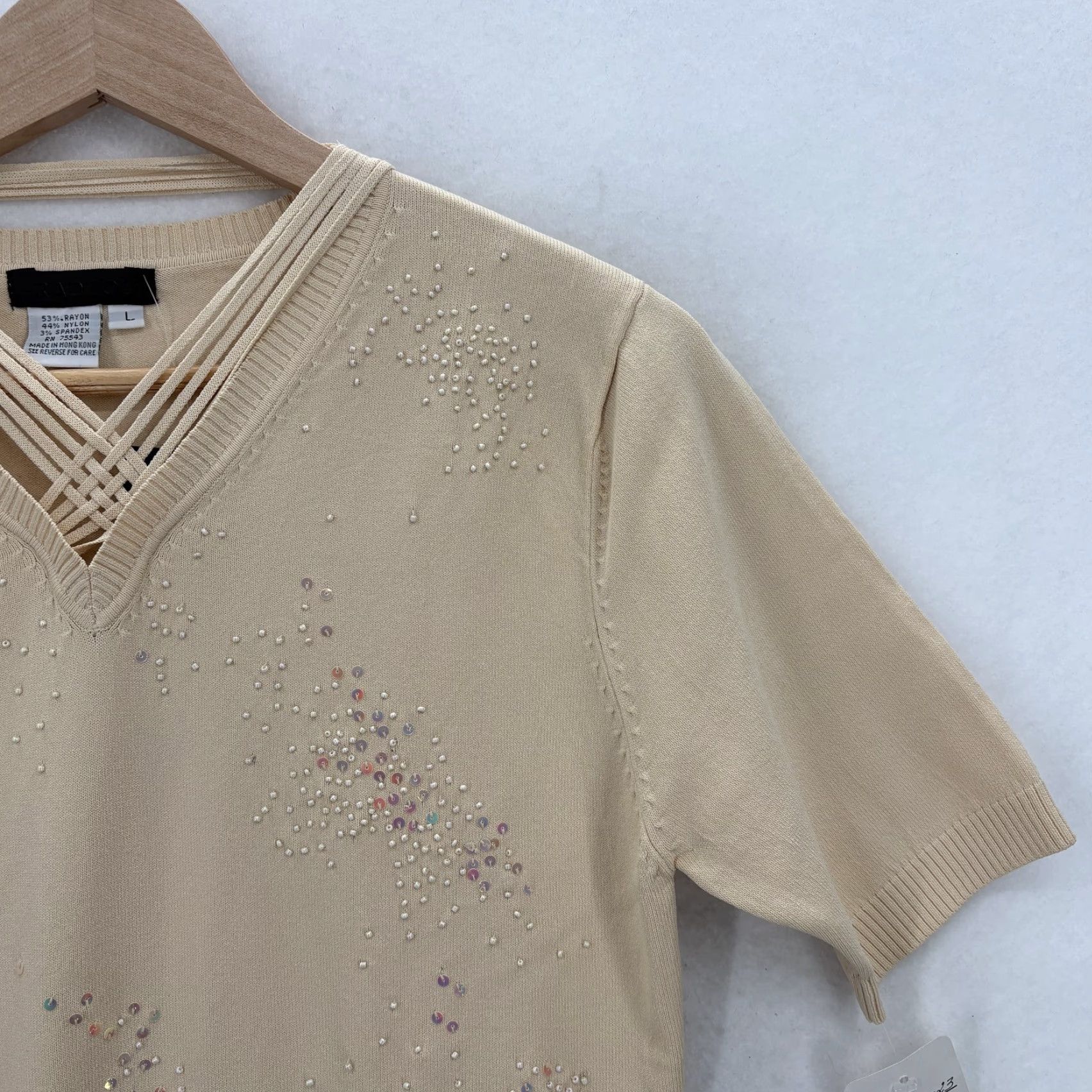 Vintage Radzoli Sweater Womens Large Beige Beaded Sequin V Neck Short Sleeve Knit NWT Size L / US 10 / IT 46 - 2 Thumbnail