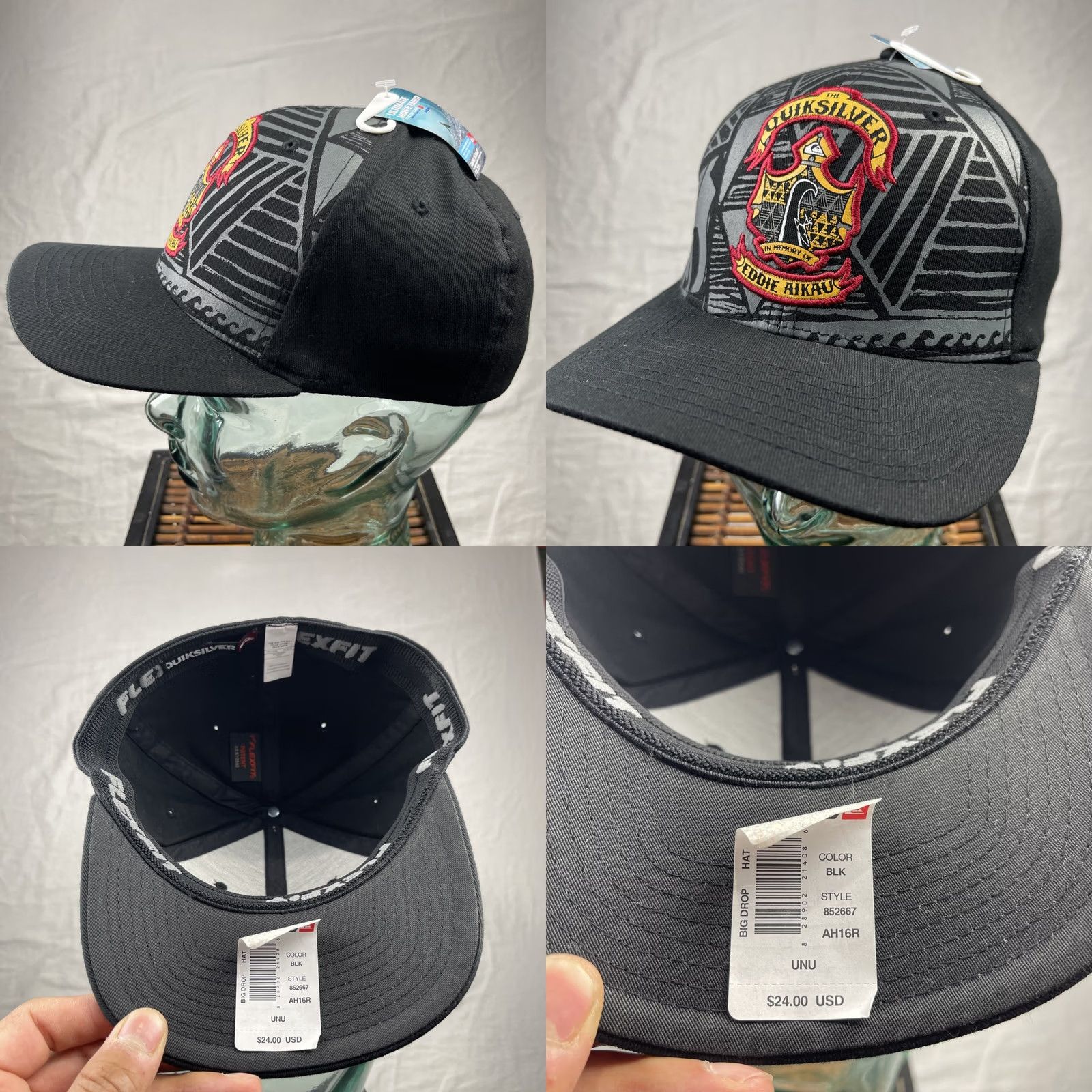 Quiksilver Quiksilver Eddie Aikau Hat Cap Mens Flex Fit Black Waimea Bay Hawaii Memorial Cap Size ONE SIZE - 8 Thumbnail