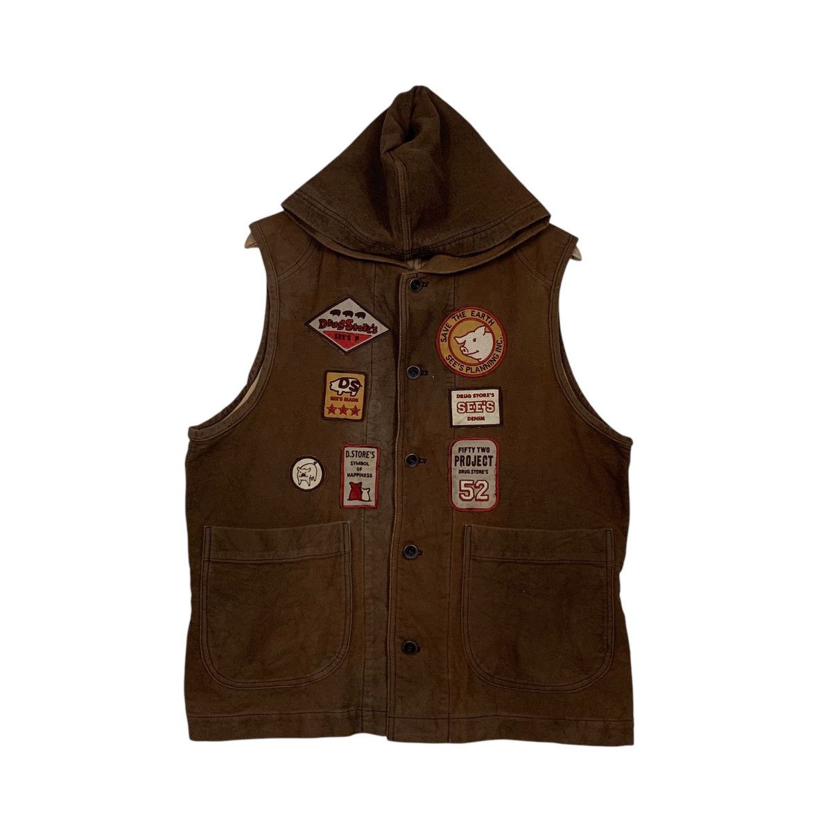 Japanese Brand DRUG STORE’S Patches Logo Hooded Button Vest #2828-C127 Size US M / EU 48-50 / 2 - 1 Thumbnail