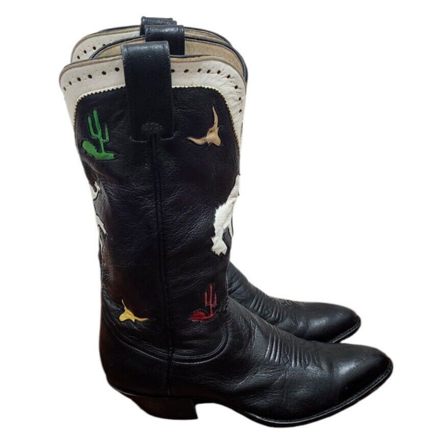 Larry Mahan Larry Mahan Rodeo Black White Red Cowgirl Cowboy Boots Size US 7 / IT 37 - 2 Thumbnail