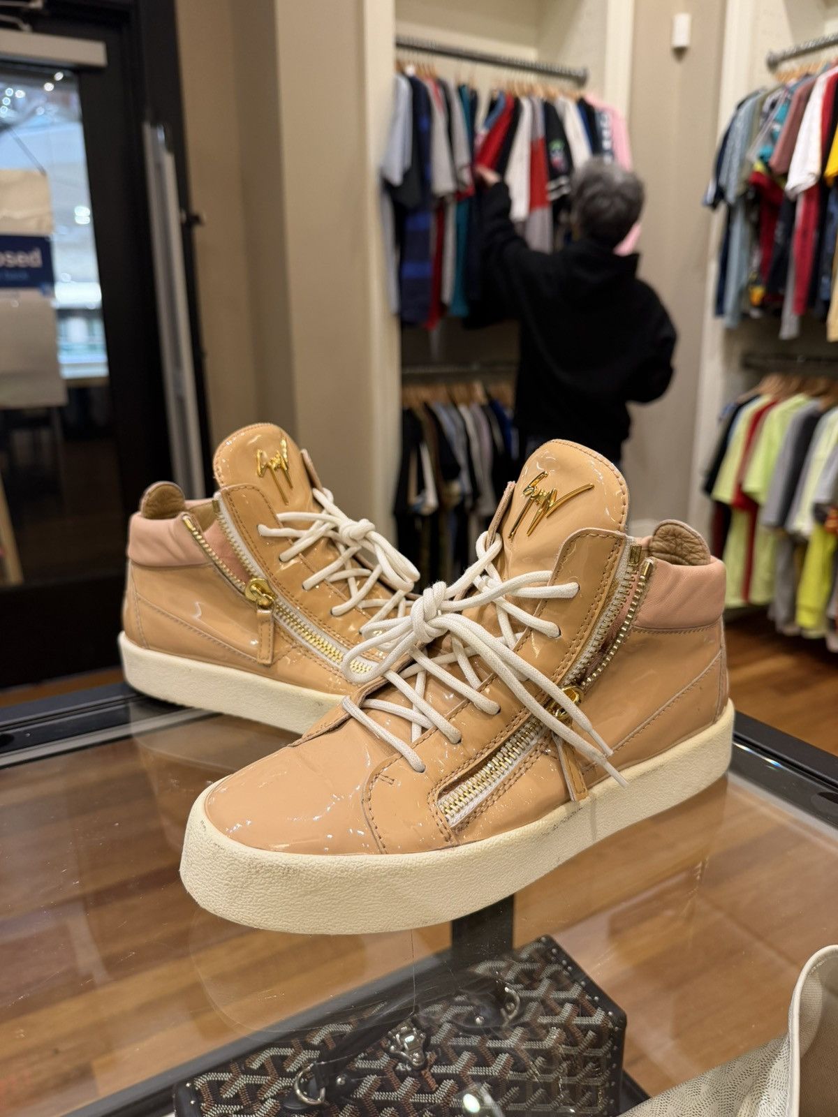 Giuseppe Zanotti Giuseppe Zanotti Patent Leather Zipper Sneaker - Tan Size US 7 / EU 40 - 1 Thumbnail