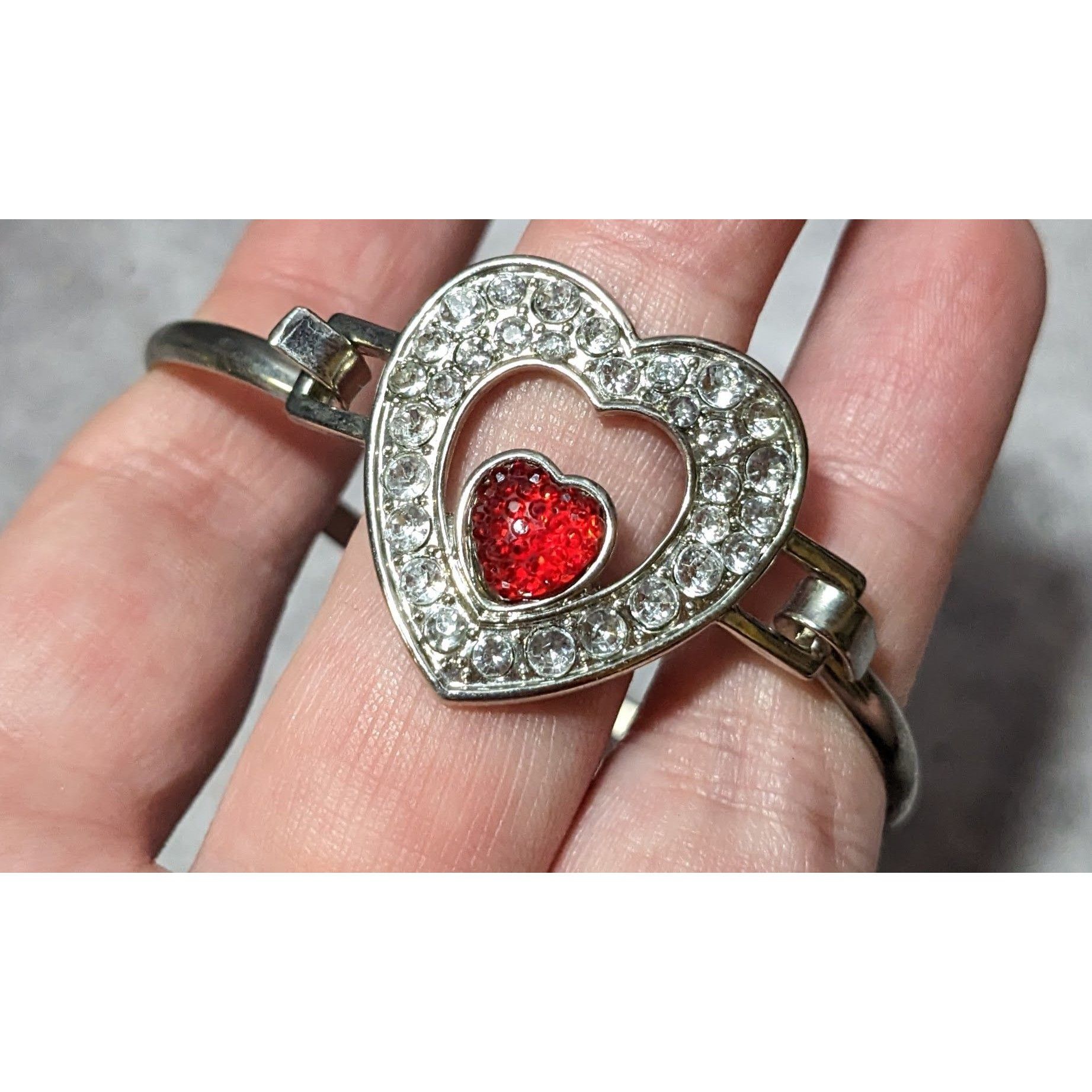 Other Silver And Red Gemmed Heart Bangle Bracelet Size ONE SIZE - 4 Thumbnail