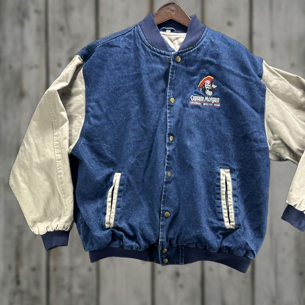 Vintage VINTAGE Blue Ridge Captain Morgan Jacket Mens L Blue Denim Varsity Jacket Cotton Lined Embroidered Logo 90s Casual Size US L / EU 52-54 / 3 - 1 Thumbnail