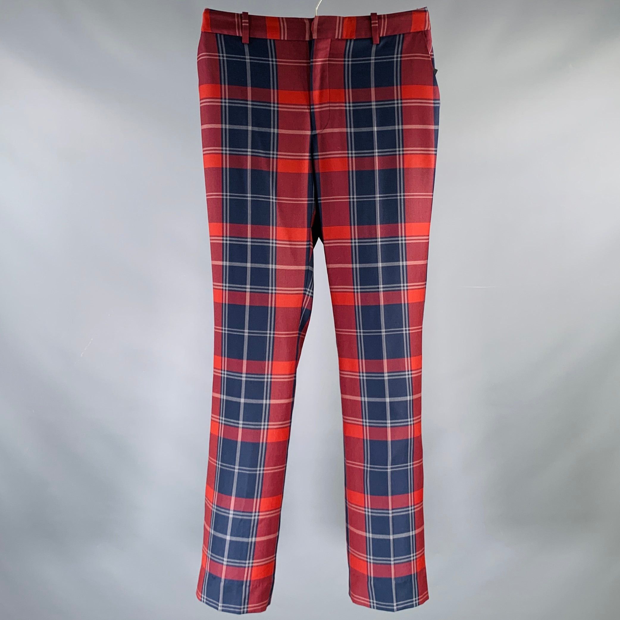 image of Burgundy Navy Plaid Wool Zip Fly Dress Pants, Men's (Size 28)