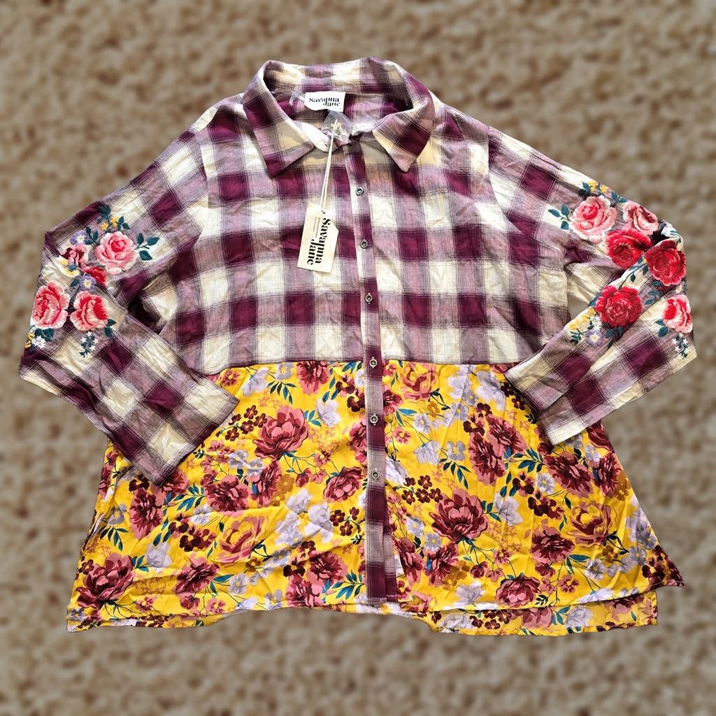 Vintage Savannah Jane Top Womens 2X Red Plaid Floral Embroidery Button Up Tunic Casual Shirt Size XXL / US 16-18 / IT 52-54 - 1 Thumbnail