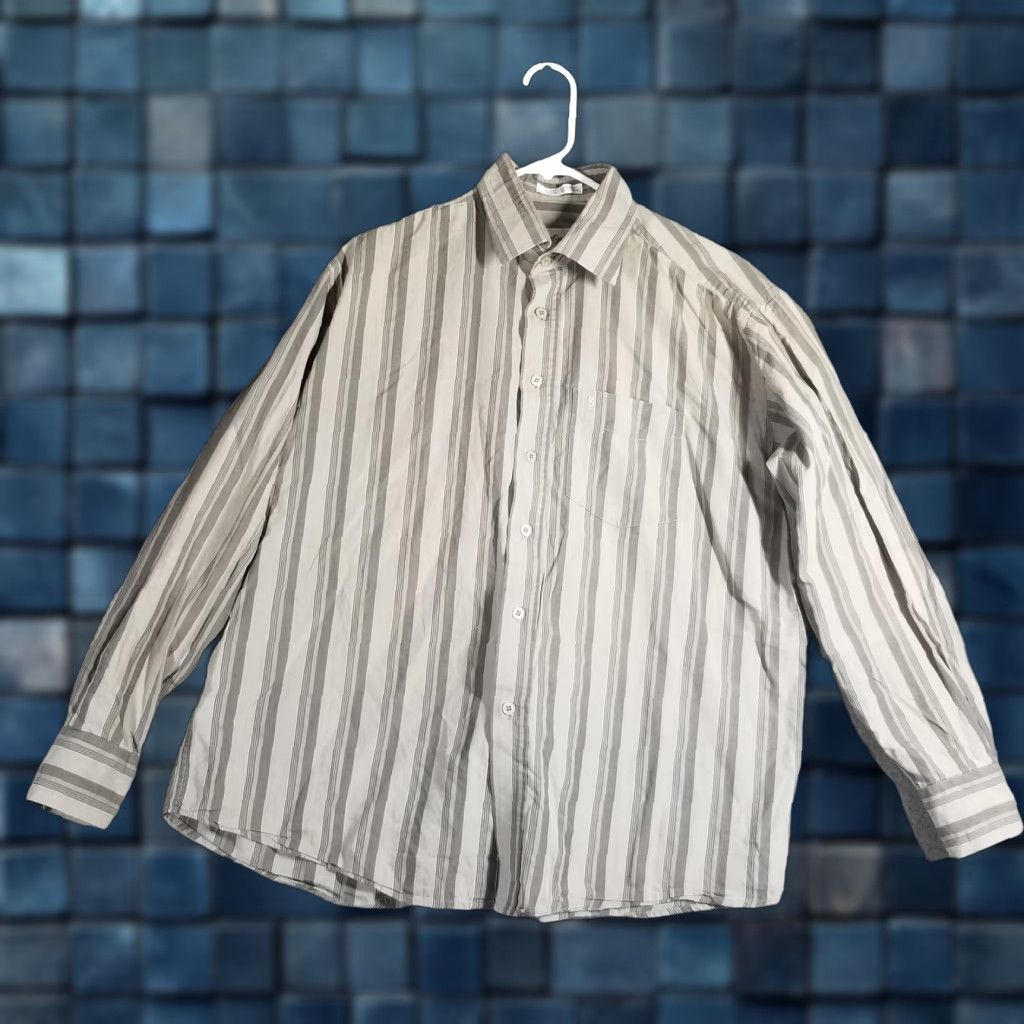 VINTAGE Yves Saint Laurent Shirt Mens L 16.5 Beige Stripe Long Sleeve Button Up Shirt