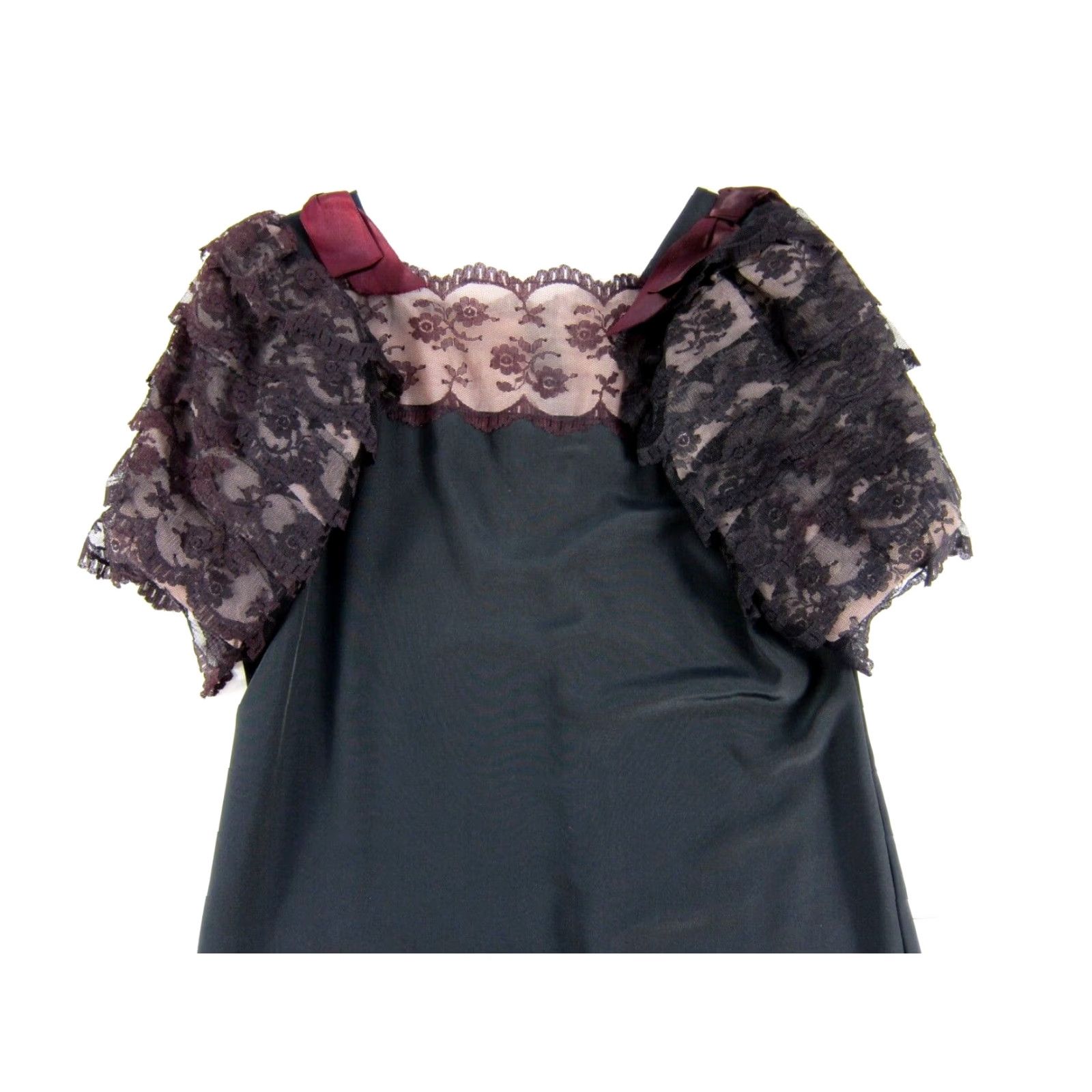Vintage VINTAGE Black Silky Burgundy Lace Bow Short Sleeve Tunic Smock Dress Large Size 36" / US 14 / IT 50 - 3 Thumbnail