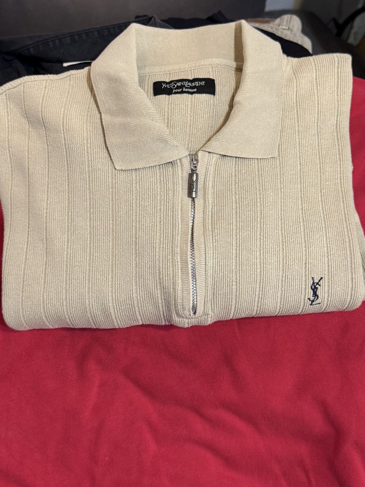 Yves Saint Laurent 90s Beige YSL Sweatshirt 1/4 Quarter Zip Sweater Rugby Shirt Size US L / EU 52-54 / 3 - 9 Thumbnail