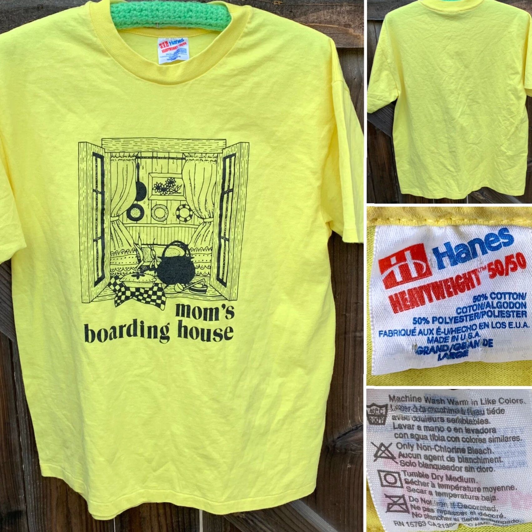 Hanes VINTAGE Hanes T-Shirt Graphic Print Crew Neck Short Sleeve Yellow L Men 80s 90s Retro Moms Boarding House Single Stitch Made in USA Size US L / EU 52-54 / 3 - 5 Thumbnail