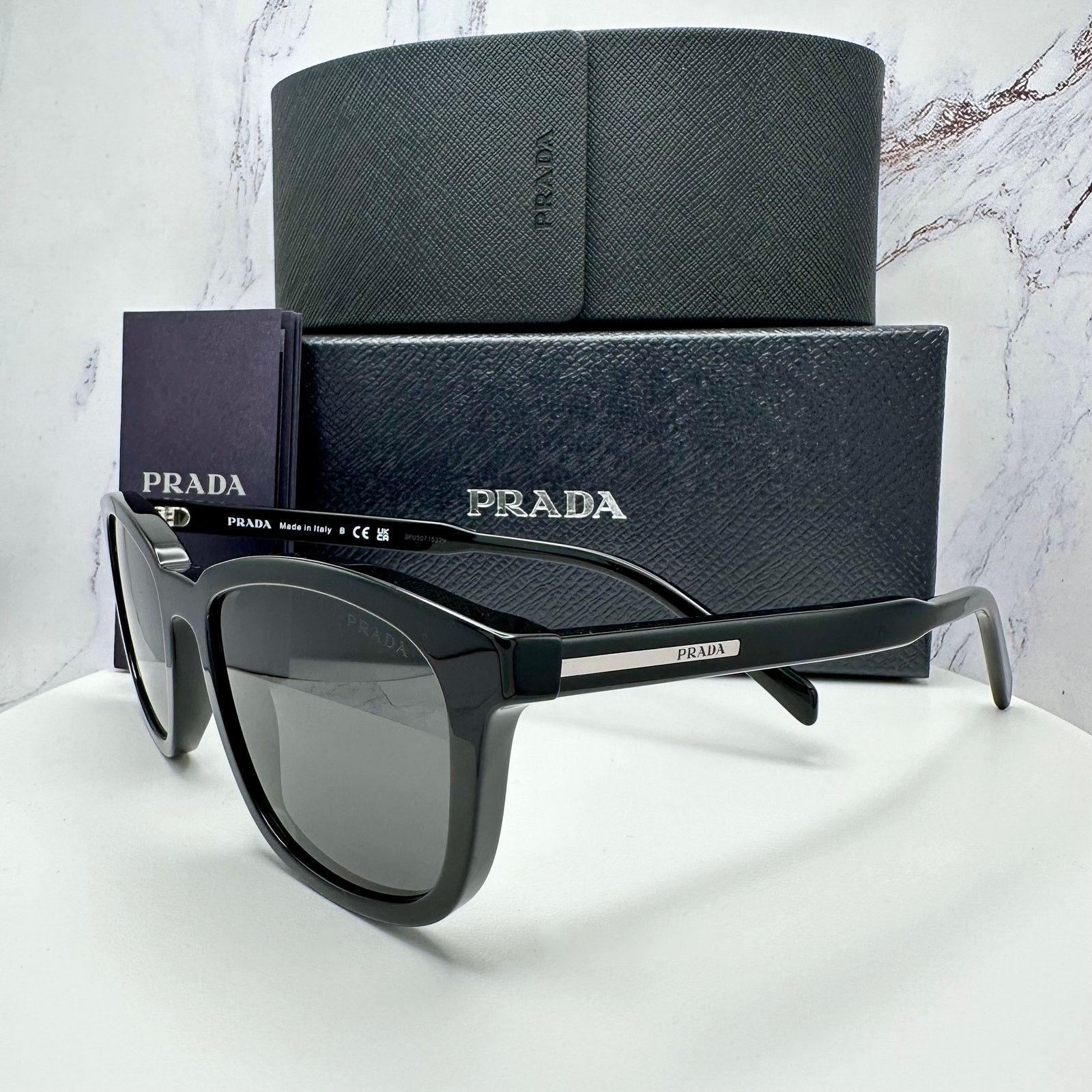 New PRADA Sunglasses Black Acetate Square Silver Metal