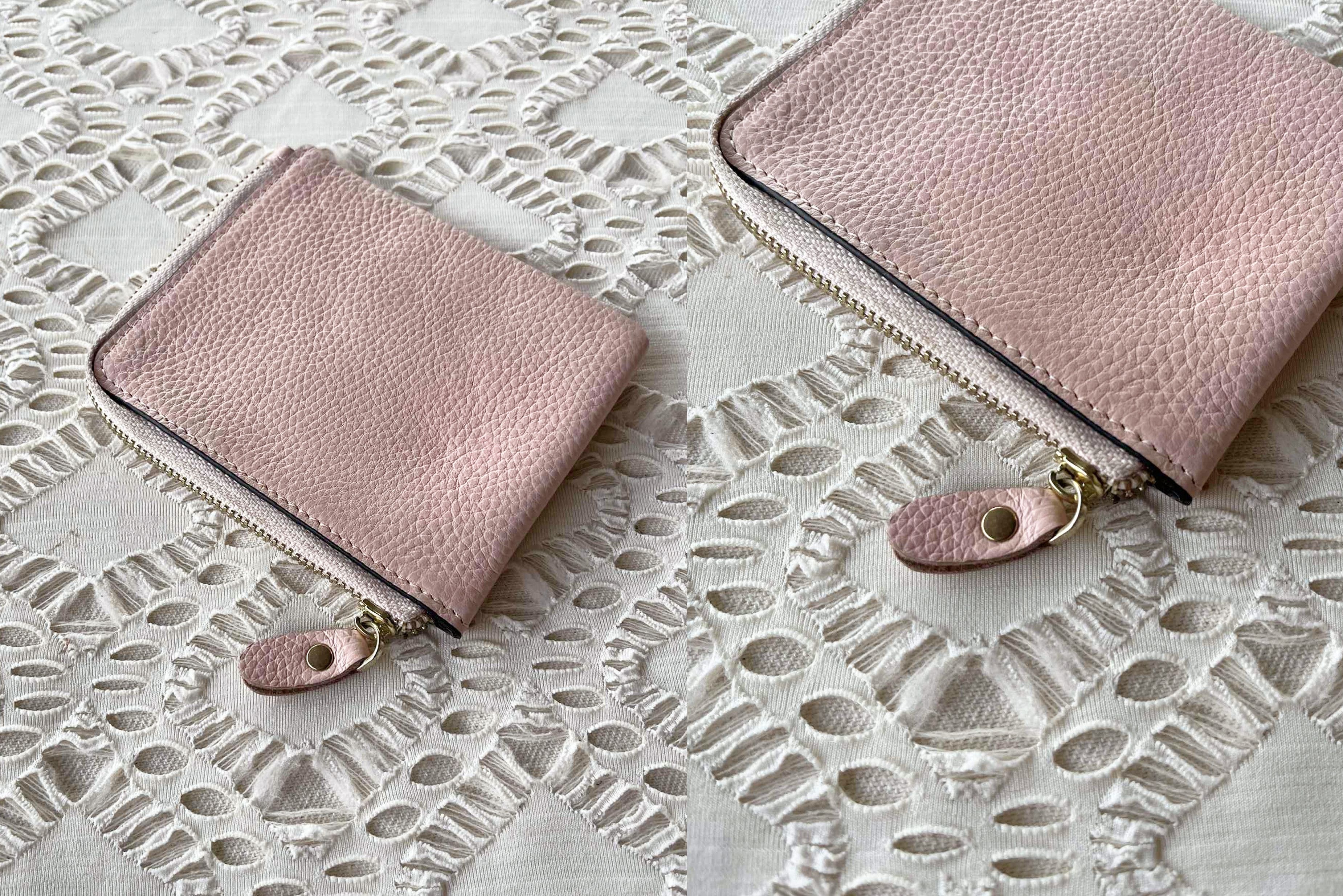 Vintage Pastel Pink Genuine Leather Half Zip wallet, slim wallet Size ONE SIZE - 7 Thumbnail