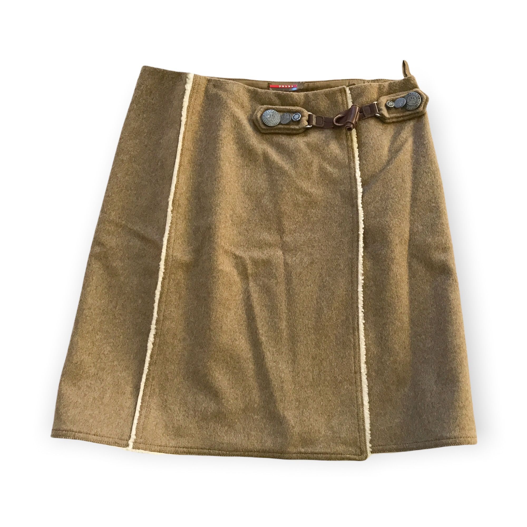 image of Prada Beige/tan Wool Wrap Skirt With Shearling Trim With Tog in Tan Cream, Women's (Size 30)