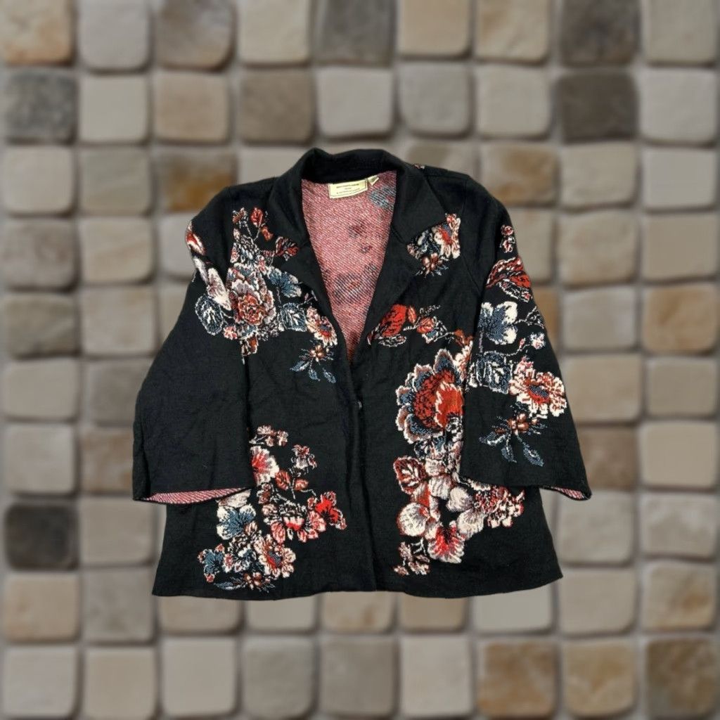 Vintage Moulinette Soeurs Sweater Womens XS Black Floral Knit Cardigan Open Front Cotton V-Neck Long Sleeve Winter Fall Spring Mens, Womens Size XS / US 0-2 / IT 36-38 - 1 Thumbnail