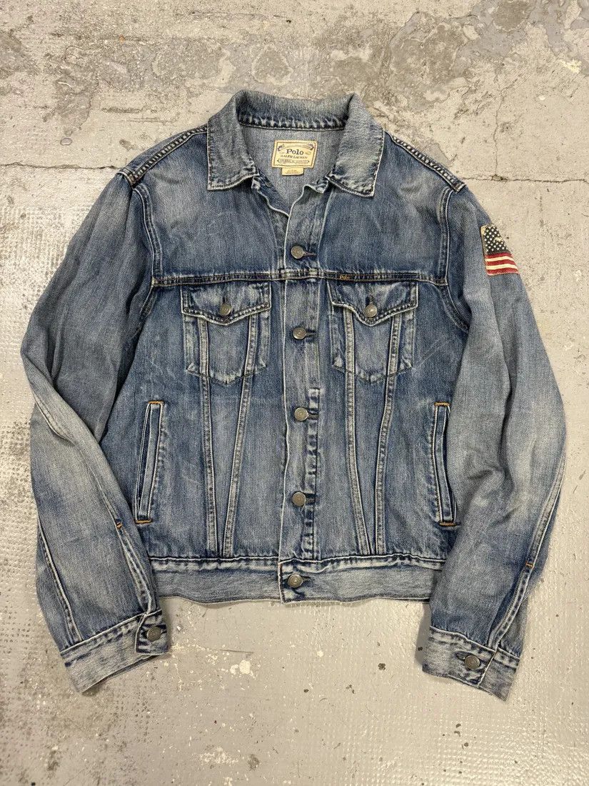 Designer × Polo Ralph Lauren × Vintage 2010s Ralph Lauren USA Flag Blue Denim Jacket Size US M / EU 48-50 / 2 - 6 Thumbnail