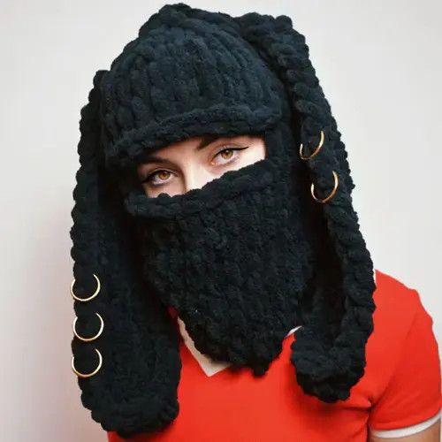 image of Vintage Knitted Bunny Ear Black Balaclava, Men's