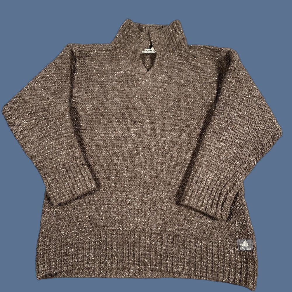 VINTAGE Fisherman Out of Ireland Sweater Mens Small Brown Wool Mock Neck Donegal Heavyweight