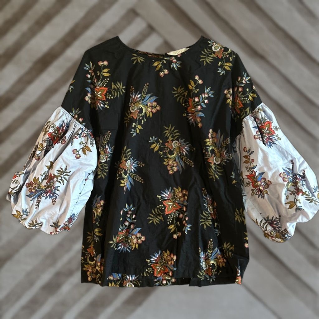 Ann Taylor VINTAGE Ann Taylor LOFT Blouse Black Floral Long Puff Sleeve 100% Cotton Medium Size M / US 6-8 / IT 42-44 - 1 Thumbnail