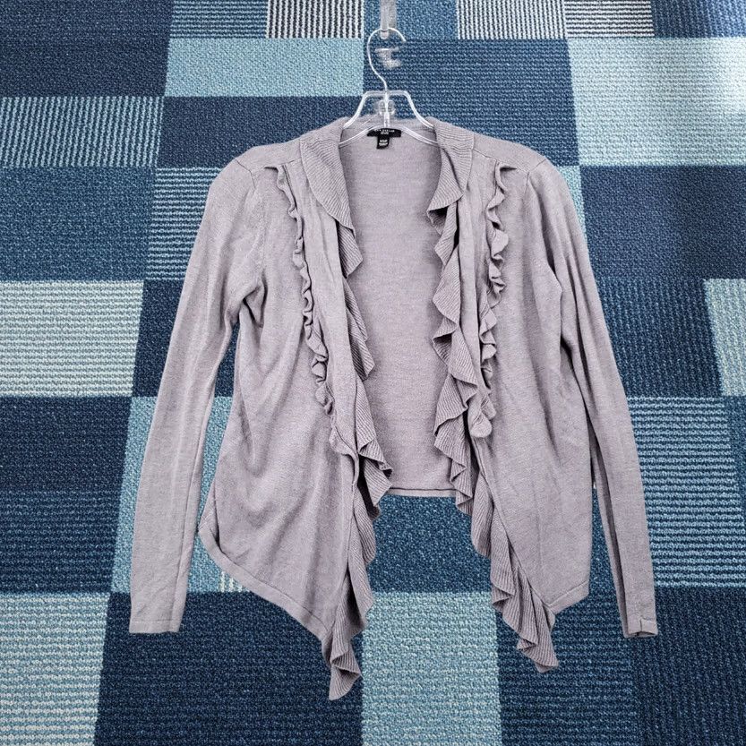 Loft LOFT Ann Taylor Cardigan Sweater Gray XSP Long Sleeve Open Front Ruffle Petite Women's Knit Size XS / US 0-2 / IT 36-38 - 1 Thumbnail