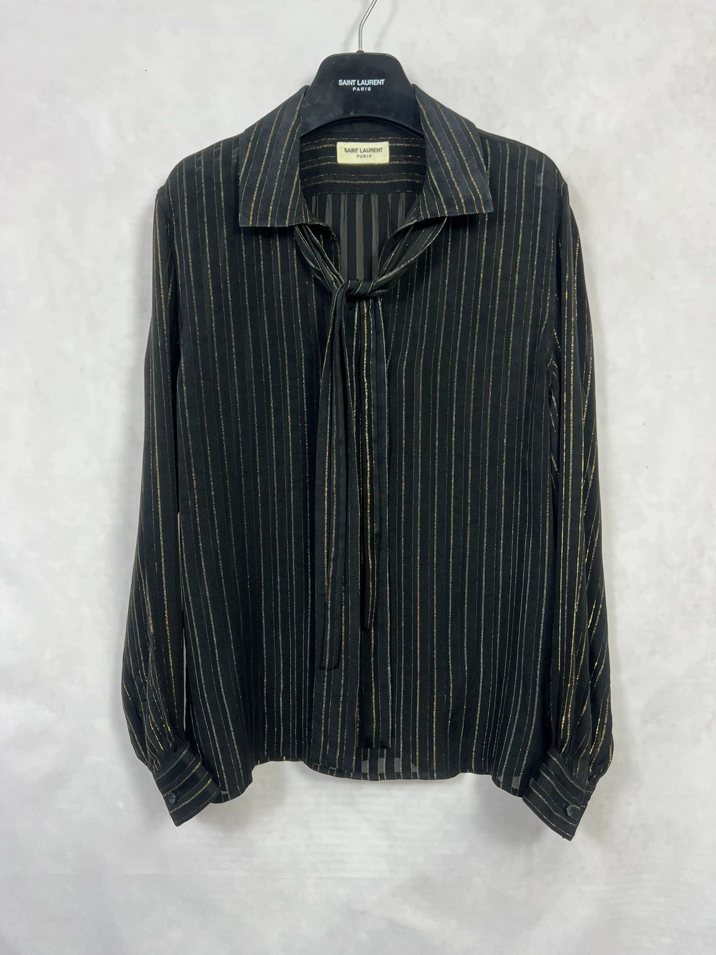 Saint Laurent Paris SLP22FW Silk Black Gold Stripe V-neck Shirt 38 Size US M / EU 48-50 / 2 - 1 Thumbnail