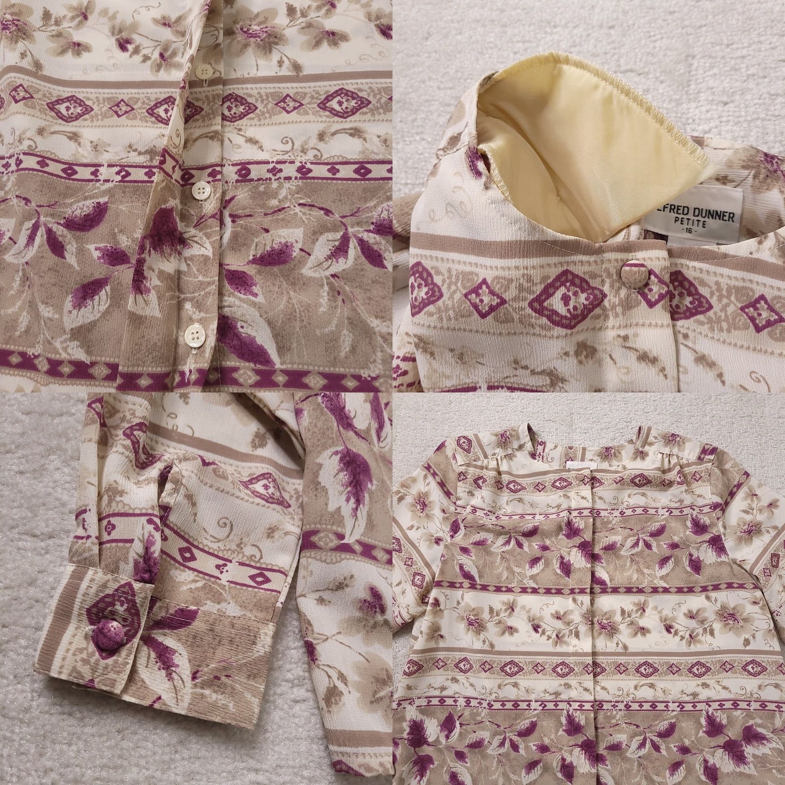 Vintage Alfred Dunner Womens Beige Purple Floral Button Up Shoulder Pads Top Sz 16P Size XXL / US 16-18 / IT 52-54 - 8 Thumbnail