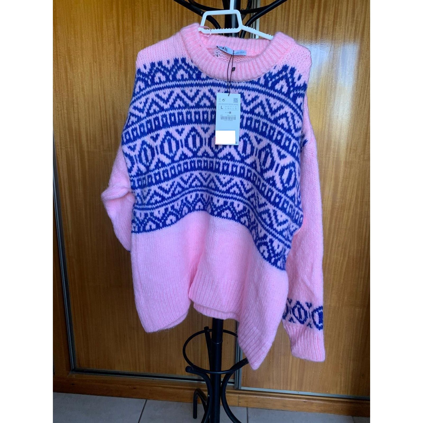 Zara ZARA NEW WOMAN PINK ROUND NECK KNIT SWEATER WITH BLUE PRINT Size M / US 6-8 / IT 42-44 - 4 Thumbnail
