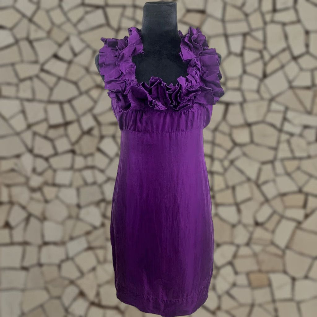 Anthropologie Yoana Baraschi Silk Mini Dress Size 4 Purple Ruffle  Sleeveless Party Wedding Womens