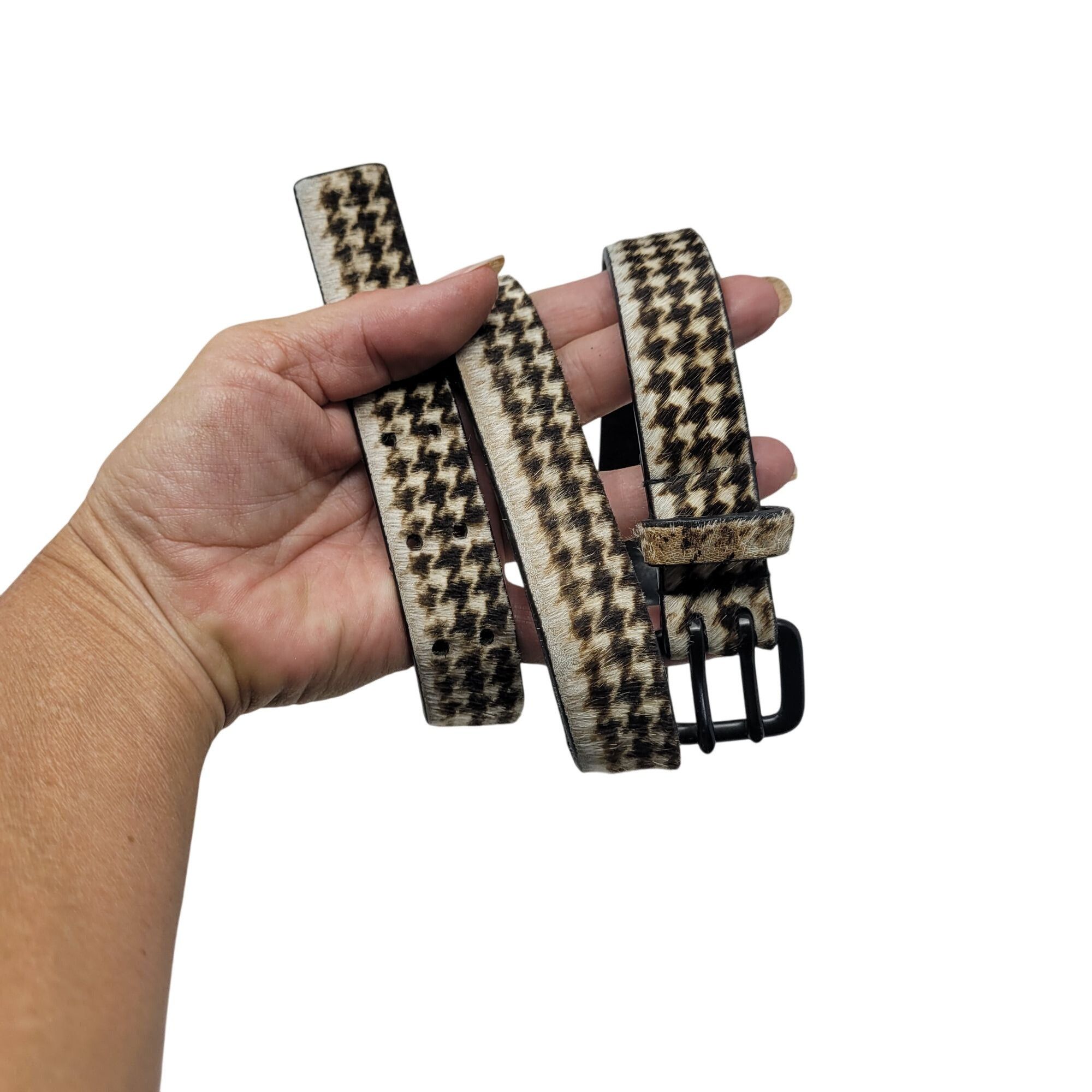 Nanette Lepore Nanette Lepore Houndstooth Gingham Genuine Leather Fur Belt Size ONE SIZE - 1 Thumbnail
