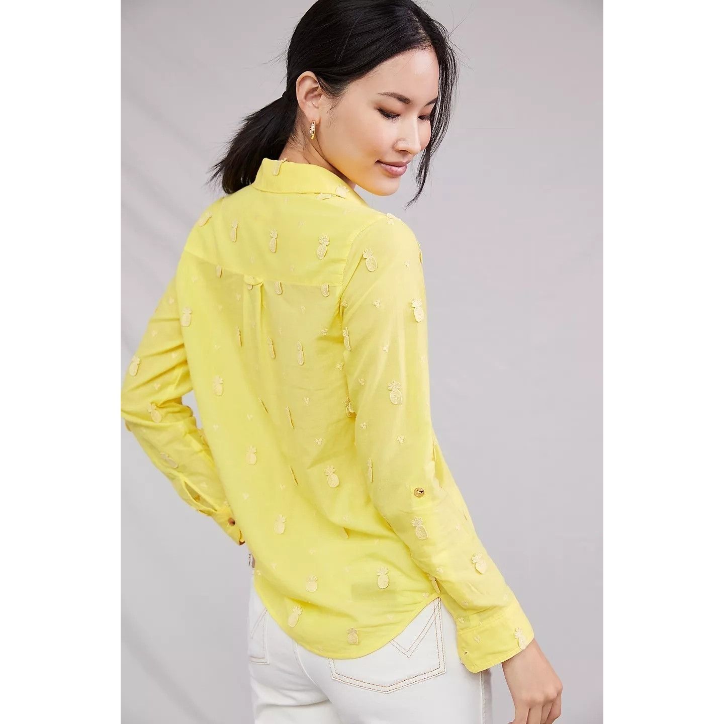 Anthropologie Maeve Yellow Whimsical Pineapple Embroidery Button-Down Shir Size XS / US 0-2 / IT 36-38 - 3 Thumbnail