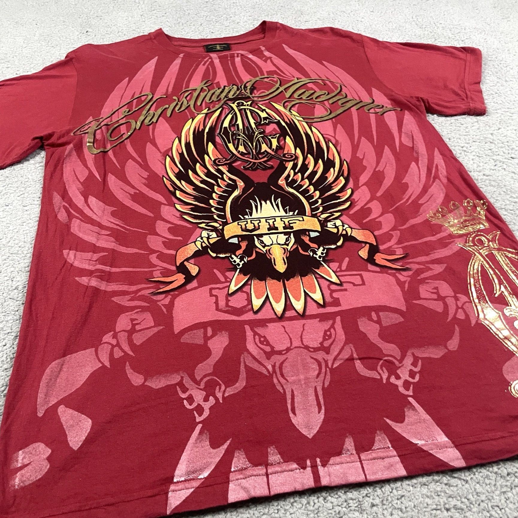 Vintage Christian Audigier T shirt Men’s L Red Short Sleeve AOP Gold Eagle Rose Rare* Size US L / EU 52-54 / 3 - 5 Thumbnail