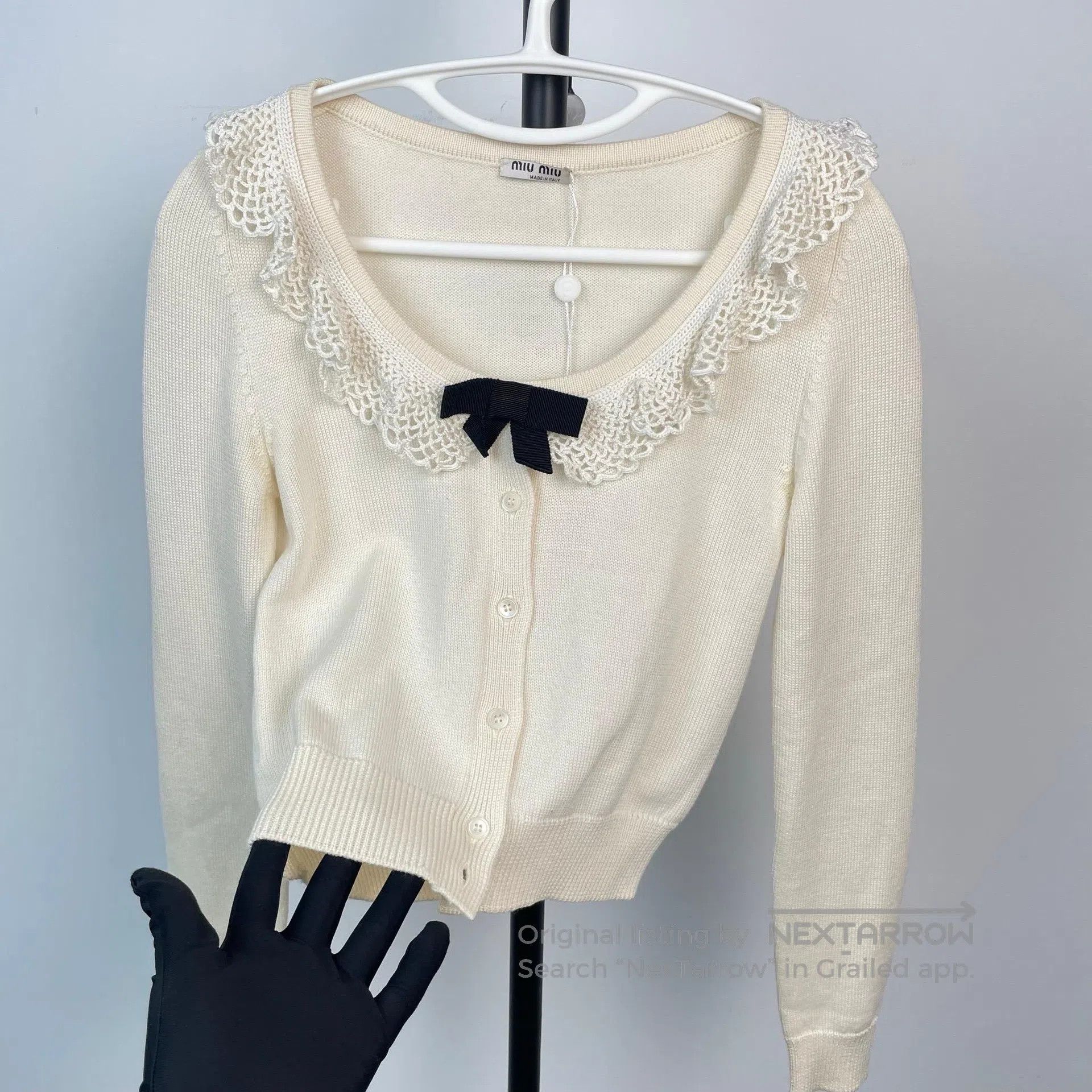 Miu Miu Miu Miu Ivory Ruffled Knit Short Sleeve Thin Top| Size XS / US 0-2 / IT 36-38 - 9 Thumbnail