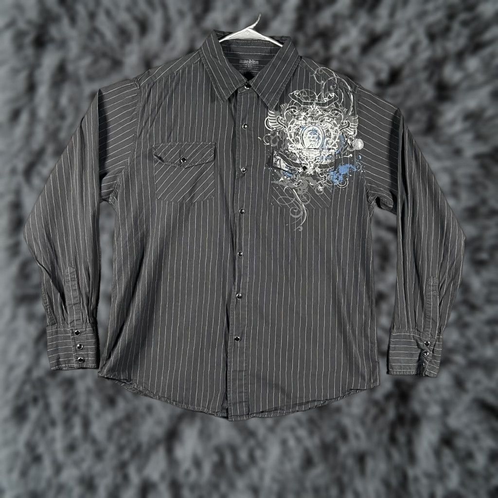 Toy Machine Machine Shirt Mens Medium Black Pinstripe Pearl Snap Crest Graphical Rockabilly Size US M / EU 48-50 / 2 - 1 Thumbnail