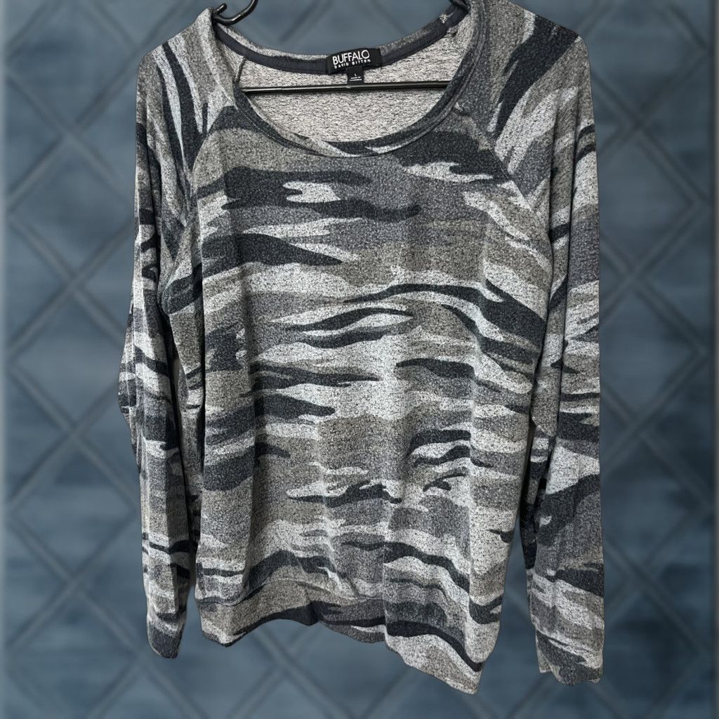 Buffalo David Bitton Buffalo by David Bitton Shirt Women’s L Camo Gray Long Sleeve Round Neck Pullover Size L / US 10 / IT 46 - 1 Thumbnail