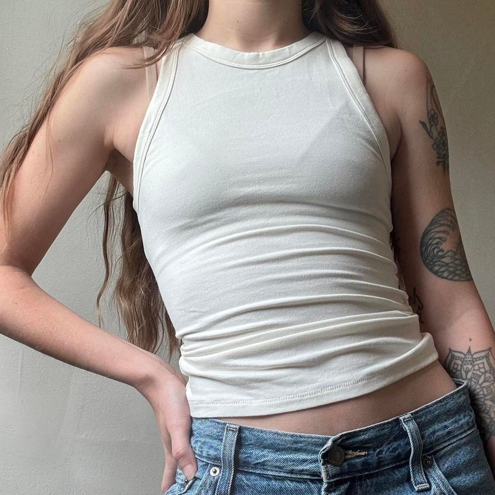 SKIMS NWT Skims Cotton Jersey High Neck Tank Marble White XS Basic Size XS / US 0-2 / IT 36-38 - 1 Thumbnail
